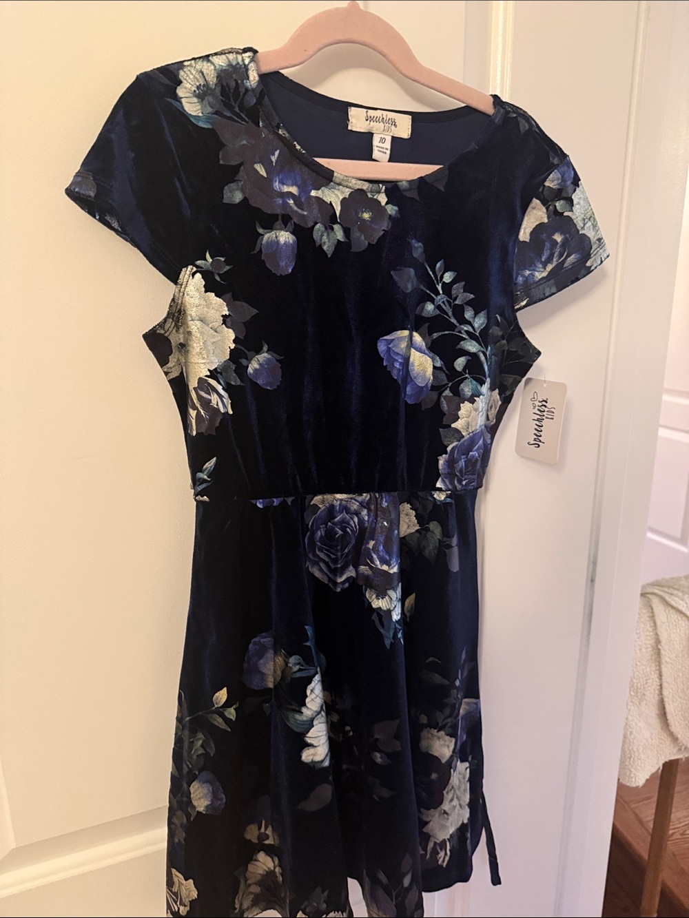 Speechless Navy Floral Velvet Fit & Flare Dress with Blue and Cream Blooms